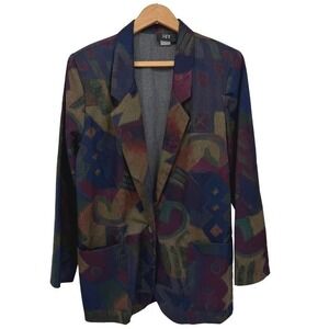 Tofy‎ Blazer Multicolor Abstract Retro Geometric Print VTG Indie  Jacket Size 12